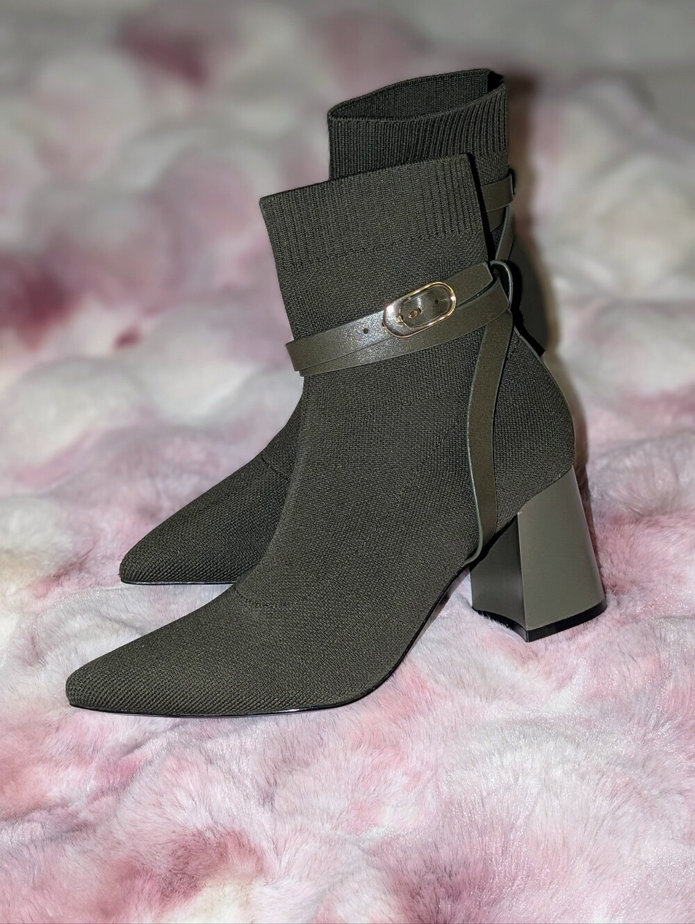 Pointed Sock Ankle Boots with Buckle Strap in Dark Olive